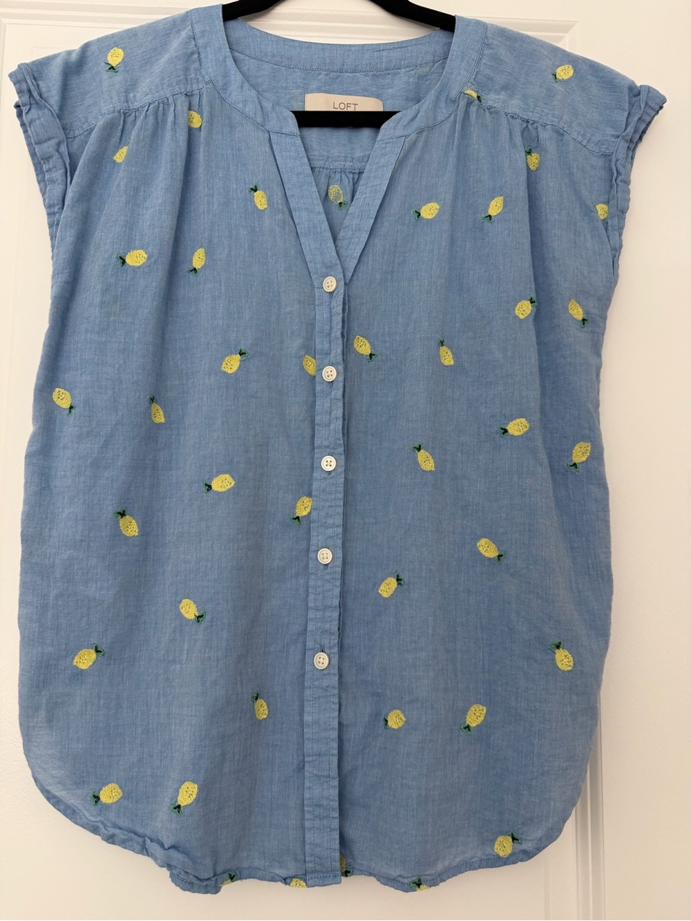 LOFT Light Blue Button-Front Blouse with Yellow Lemon Embroidery